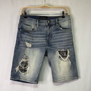 🍕 supply and demand distressed, long jean shorts with black bandanna patch